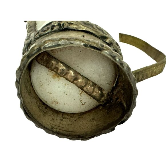 Vtg Middle Eastern White Fluted Ceramic Pot Metal Handle Lid Ornate Brass - Picture 9 of 9